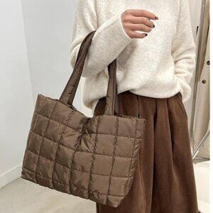 Brown Quilted Puffer Tote Bag